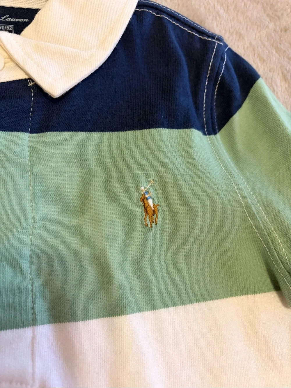 Ralph Lauren Striped Polo One-Piece Romper in Navy, Mint, White & Light Blue